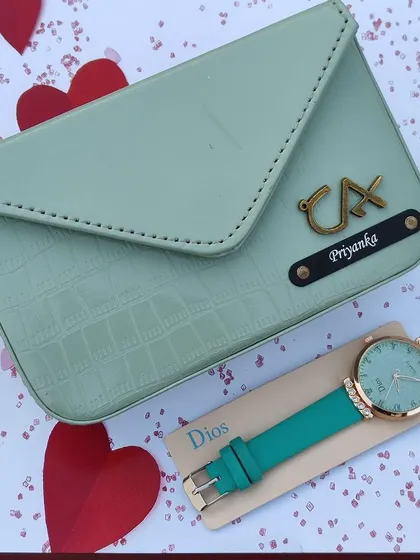 A stylish combo for your sister or friend, featuring a personalized croc-textured sling bag in sea green and a matching Dios wrist watch.