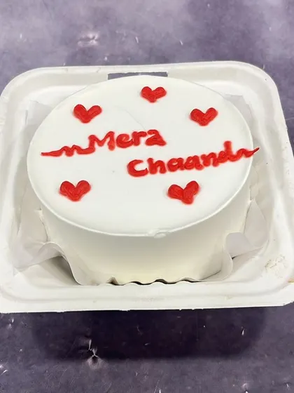 A sweet and simple bento cake for Karwa Chauth, with "Mera Chaand" (My Moon) written in red icing. It's a lovely way to break the fast.