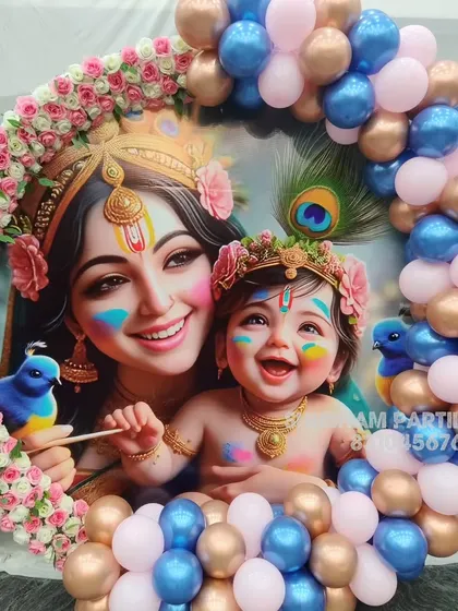 A closer view of the Krishna themed backdrop, showing the vibrant colors and floral details.