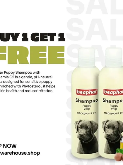 We haven't forgotten the little ones. This gentle, pH-neutral Beaphar Puppy Shampoo with Macadamia Oil is part of our Buy 1 Get 1 Free sale. It's perfect for a puppy's sensitive skin.