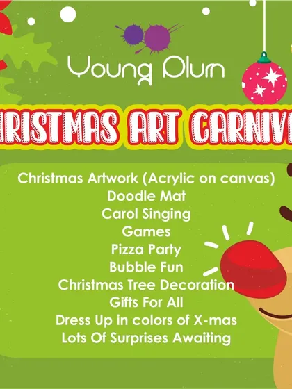 Our promotional graphic for the Christmas Art Carnival, detailing all the fun activities planned. We offer a full schedule of events including acrylic painting, games, and gifts for all.