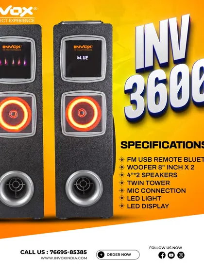 The INV 3600 is a twin tower system designed for music enthusiasts. It features dual 8-inch woofers, mic connection for karaoke, and LED lights for a great party vibe.