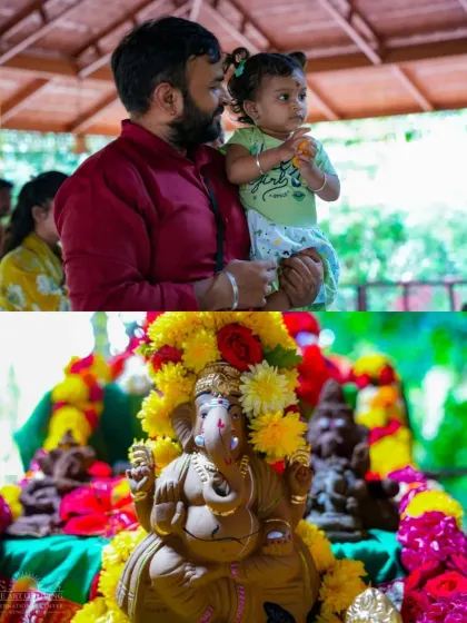 A collage showing a devotee with his child and a colorful clay Ganesha idol. We encourage eco-friendly celebrations and the participation of all family members.
