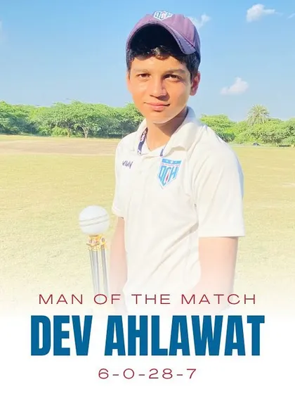 A graphic celebrating Dev Ahlawat's incredible Man of the Match performance, where he took 7 wickets for just 28 runs.