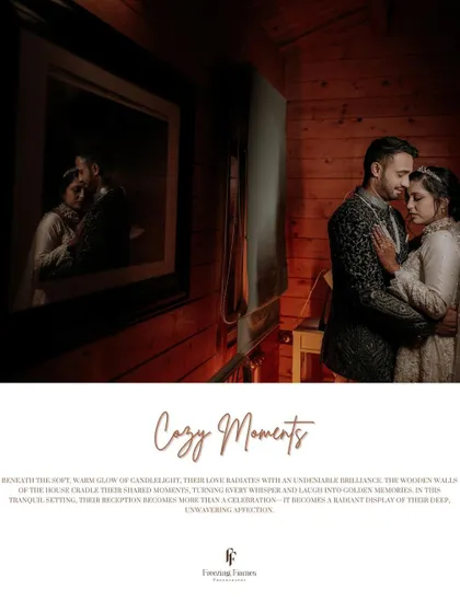 A portrait titled "Cozy Moments," showing the couple in a warm, candlelit embrace in a wood-paneled room.