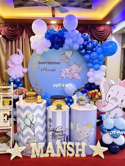 A blue and white baby elephant theme for Mansh's first birthday.
