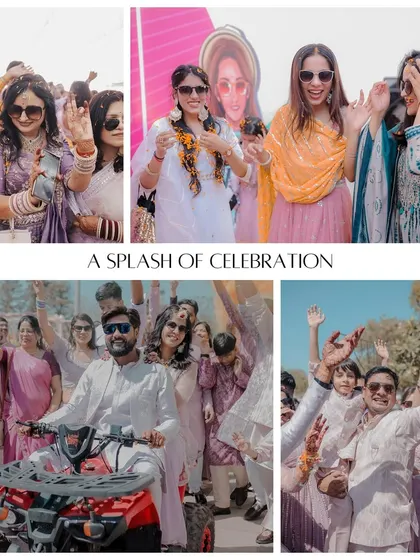 A collage capturing the high-energy moments of a Haldi carnival. It shows the groom's fun entry on an ATV, the bride dancing with her friends, and the overall celebratory vibe.