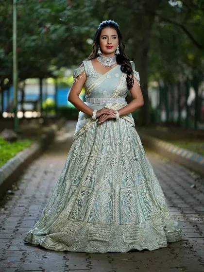 Celebrating courage and balance with this stunning grey lehenga for Navaratri.