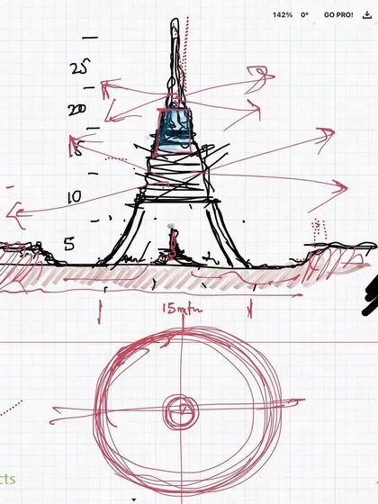 An early concept sketch for the university's overhead water tank. My process involves transforming functional elements into architectural features, so this includes a meditation space and a viewing deck.