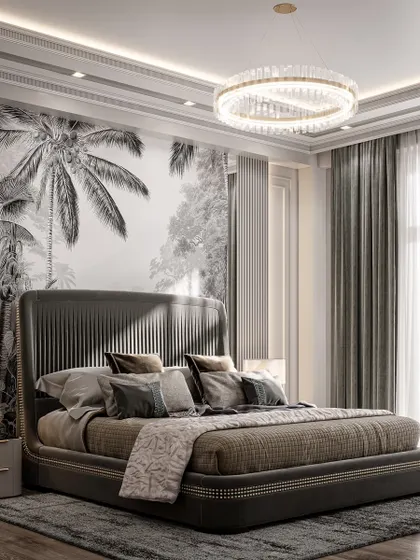 A contemporary bedroom featuring a striking black-and-white tropical mural, a modern upholstered bed, and a crystal ring chandelier for a touch of glamour.