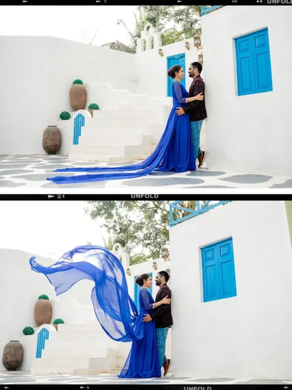 A collage showing the dramatic sweep of the bride's blue gown at a Santorini-themed location.