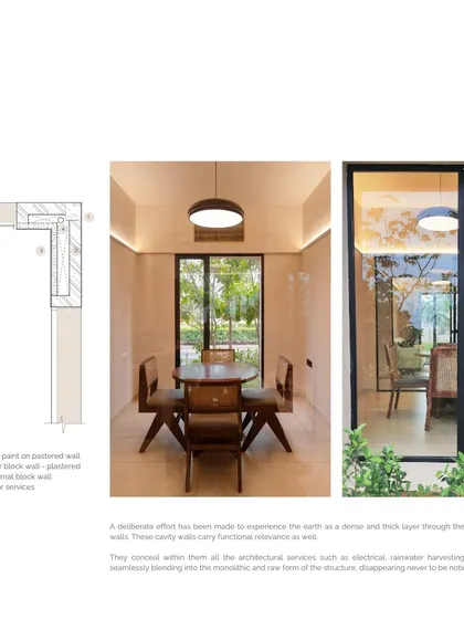 A technical drawing and photo showing our use of cavity walls in the Brigade Oasis project. These walls conceal services like electrical and HVAC, maintaining the clean, monolithic form of the structure.