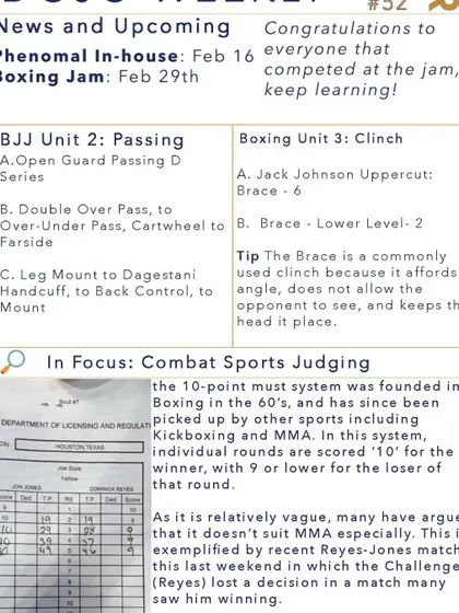 I believe in a structured approach, which is why I create the 'Dojo Weekly'. This newsletter outlines our curriculum for boxing, BJJ, and clinch work, and even breaks down concepts like combat sports judging so you're always learning.