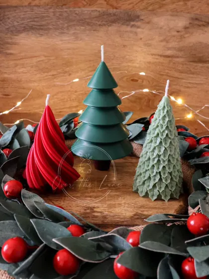 Another view of the colorful Christmas tree candle trio. They look so festive together.