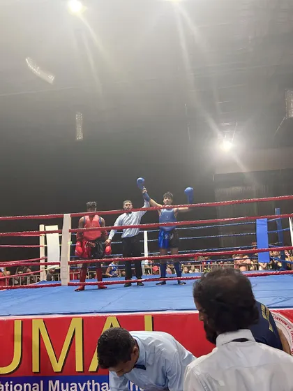 Victory in the ring. One of my young fighters has his arm raised by the referee at the IFMA National Championships. This is the moment all the training has been for.
