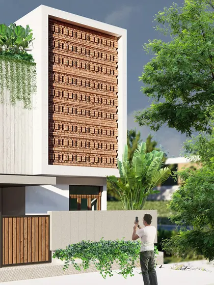 This render showcases a facade with a prominent exposed brick screen. The intricate pattern of the brickwork adds a rich, textural element to the modern white volume, while integrated planters bring a touch of nature.