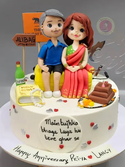 This anniversary cake tells the love story of a couple who eloped 25 years ago, with figurines and details representing their journey.