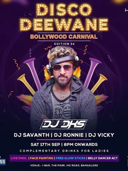 The poster for a "Disco Deewane" Bollywood Carnival at I-Bar, The Park. These themed nights are always a blast, complete with live dhol, face painting, and belly dancers.