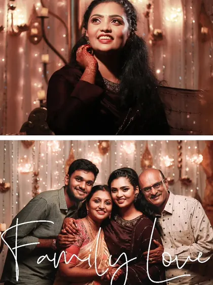 A beautiful portrait of the bride looking up, combined with a cherished photo of her with her loving family.