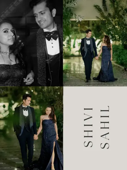 A collage of stylish portraits from a Sangeet night, showcasing the couple's elegant outfits and their deep connection.