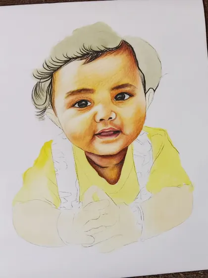 Another work-in-progress photo of the baby sketch, showing the hair being filled in. This stage is crucial for creating a realistic texture.