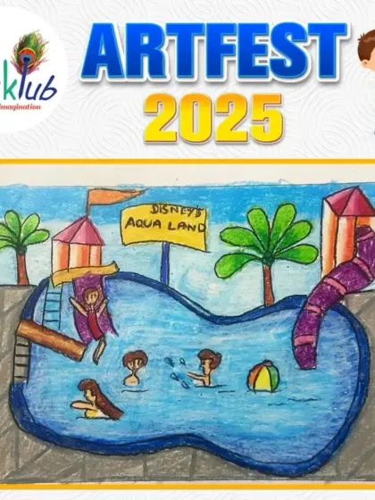 A junior artist's rendition of a fun day at "Disney's Aqua Land." The drawing is filled with kids enjoying the pool, a water slide, and a diving board.
