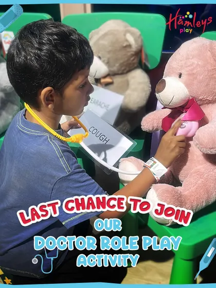 Last chance to join the clinic! A young doctor-in-training gives his teddy bear patient a check-up with a stethoscope. Our doctor role-play activity is a fantastic way for kids to learn about helping others.