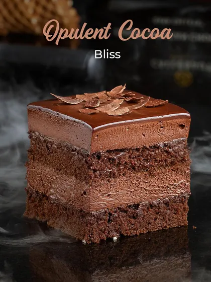 A close-up of the rich and decadent Opulent Cocoa Bliss chocolate ice cream cake.