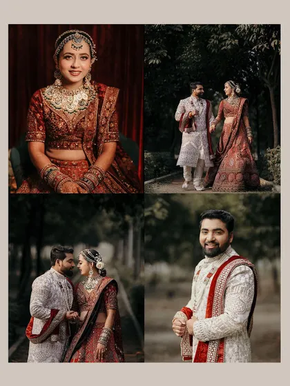 A collage of wedding day portraits, showcasing the bride, the groom, and the couple together in a beautiful outdoor setting.