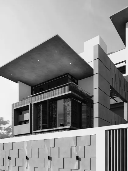 A black and white architectural render exploring the massing of a building with a dramatic, oversized roof and a textured boundary wall.