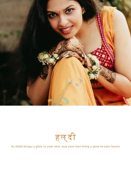 A close-up of the bride's face and hands, with a caption celebrating the glow of Haldi.