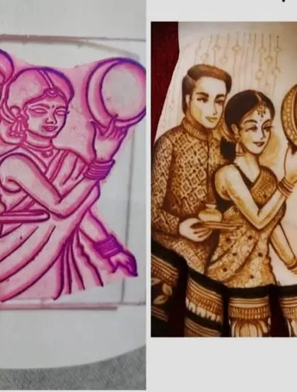 I believe in making complex art achievable. This image shows how we break down a Karwa Chauth scene from a simple stencil to a detailed henna portrait. My method simplifies the process, so you can learn to create any figure with confidence.