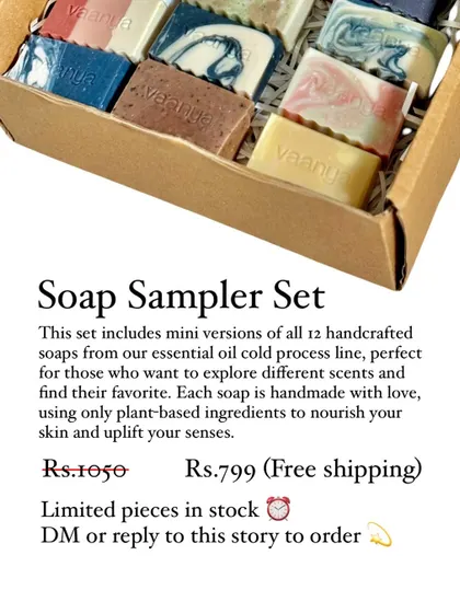 A promotional graphic for our restocked Soap Sampler Set, which includes mini versions of all 12 of our essential oil cold process soaps.