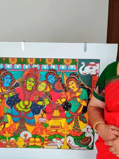 I am so happy to stand with my completed 'Parvati Alankaram' painting. This large 3x2 feet canvas tells the story of Princess Parvati preparing for her wedding to Lord Shiva, filled with lavish details and vibrant life.