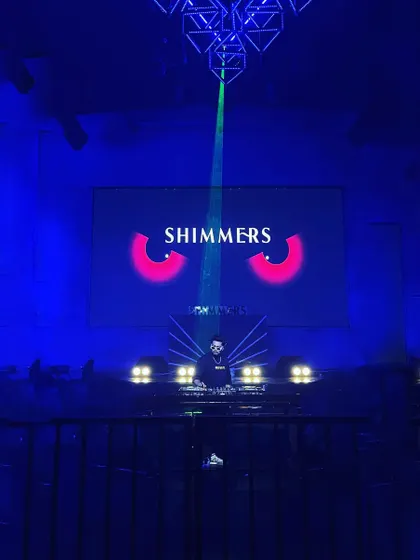 A wider view of the Halloween setup, showing the scale of the visuals and lighting design.