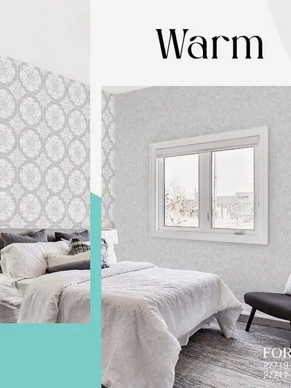 This warm, classic-patterned wallpaper is ideal for a bedroom. The gentle grey and white design creates a soothing and cozy atmosphere, perfect for unwinding at the end of the day.