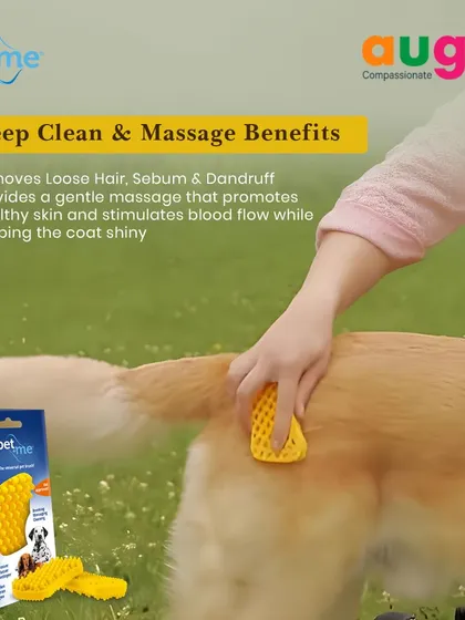 The Pet+me yellow brush offers deep clean and massage benefits. It removes loose hair, sebum, and dandruff while providing a gentle massage that promotes healthy skin and a shiny coat.