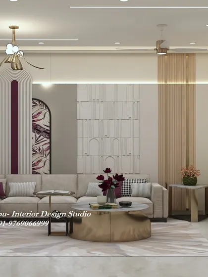 This living room wall is a masterpiece of texture and pattern. It combines fluted panels, 3D geometric blocks, and a floral-patterned niche to create a visually dynamic and unique feature.