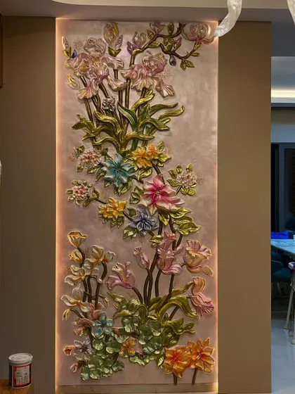 A clearer view of the floral wall mural, showing the variety of flowers and the pastel color palette chosen to complement the room's interior.