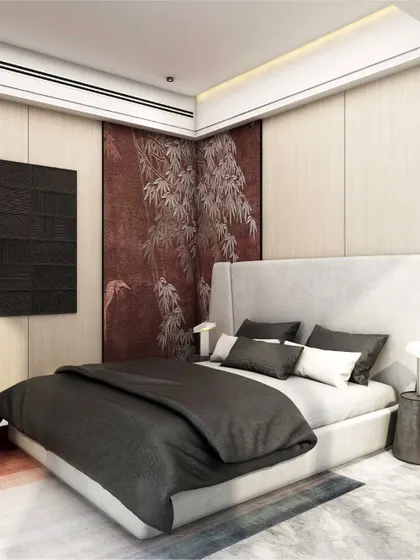 This bedroom composition uses a feature wall with a custom digital artwork of bamboo to introduce a quiet sense of movement. The restrained palette of black, white, and warm wood is balanced with a high-back upholstered bed for a feeling of restrained luxury.