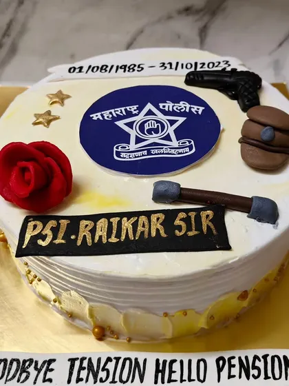 A retirement cake for a police officer. "Goodbye Tension, Hello Pension!" A perfect way to celebrate years of service.
