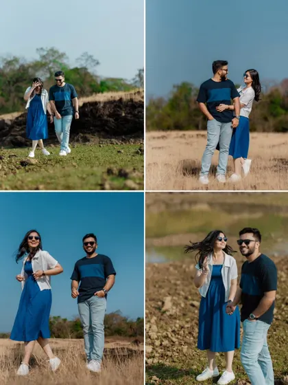 A collage of a couple's day out, featuring walking shots and relaxed poses in a wide, open landscape, perfect for a casual pre-wedding session.