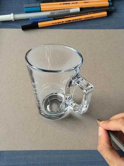 A realistic drawing of a glass coffee cup. Drawing transparent objects is a unique challenge that involves rendering what is seen through the glass as well as the subtle reflections on its surface.