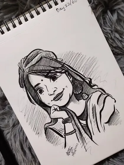 A lovely caricature with traditional jewelry. The details in the earrings and the dimple make this sketch special.