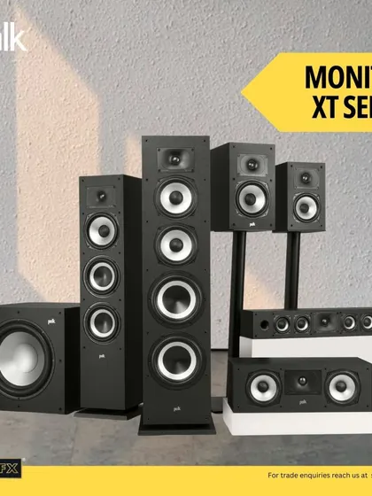 The POLK Monitor XT Series offers clarity and power for audiophiles and casual listeners alike. This complete range, including tower speakers, bookshelf models, and a subwoofer, is designed to deliver rich, detailed, and immersive sound that complements any decor.