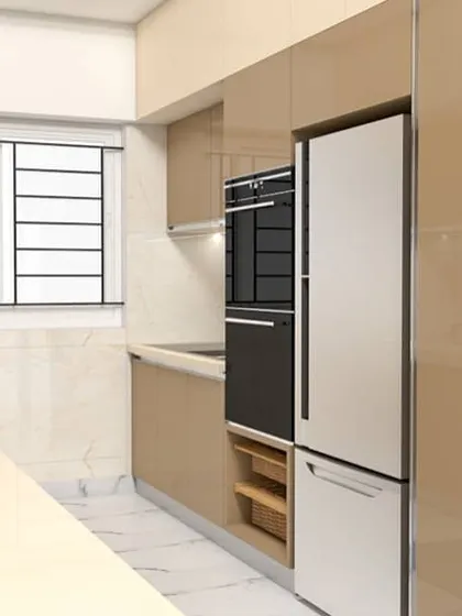 This kitchen features glossy, light-brown laminate cabinets with a built-in unit for the oven and microwave. The layout is designed for maximum efficiency in a compact space.