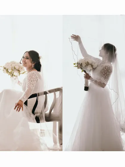A collage showing the bride posing with her veil, creating ethereal and beautiful portraits.