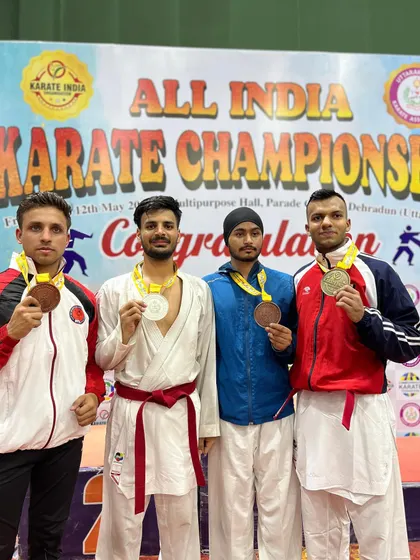 Medalists from the National Karate Championship in Dehradun, including our student Tushar with his silver medal.