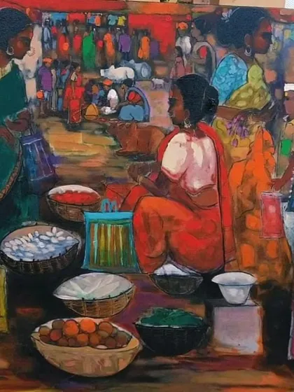 This painting captures the vibrant chaos of a busy Indian village market. The artist uses rich colors and expressive figures to bring the lively scene to life, offering a slice of everyday Indian culture.