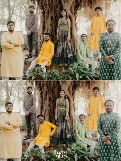 A creative before-and-after collage of a groom and his friends. The top image is a serious pose, while the bottom shows them breaking into laughter, capturing the fun and camaraderie of the groomsmen.